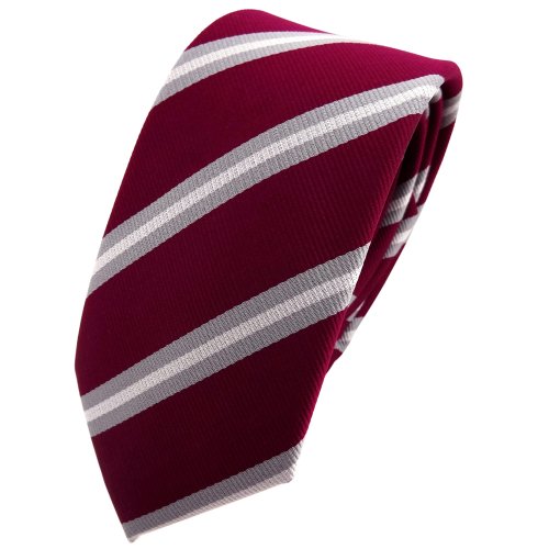 TigerTie - schmale Designer Krawatte in rot violett bordeaux grau silber gestreift von TigerTie