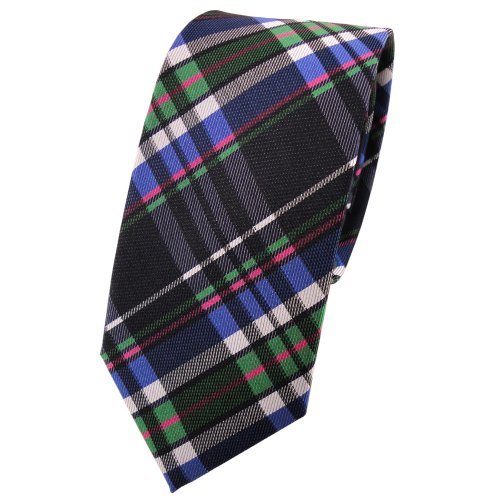 TigerTie Schmale Seidenkrawatte blau grün anthrazit silber magenta kariert - Krawatte Seide von TigerTie