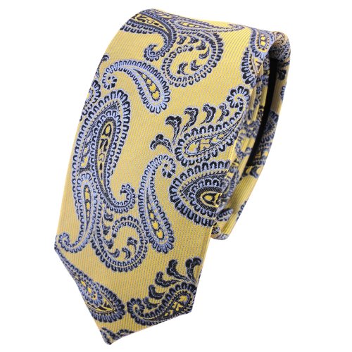 TigerTie - schmale Designer Seidenkrawatte in gold blau hellblau Paisley gemustert von TigerTie