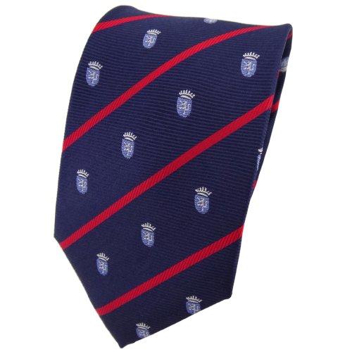 TigerTie Designer Seidenkrawatte in blau silber dunkelblau rot gestreift mit Wappen von TigerTie