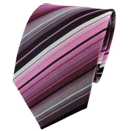 TigerTie Designer Seidenkrawatte in rosa flieder schwarz silber grau gestreift von TigerTie