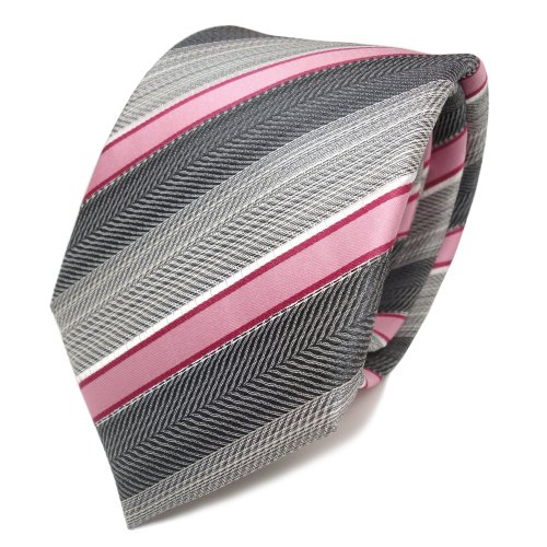 TigerTie Designer Seidenkrawatte in rosa rot grau silber anthrazit gestreift von TigerTie