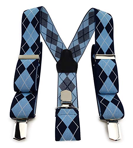 TigerTie Unisex Hosenträger in Y-Form mit 3 extra starken Clips - Farbe in blau hellblau silber mit Karomuster - hochwertige Verarbeitung - Breite 35 mm von TigerTie