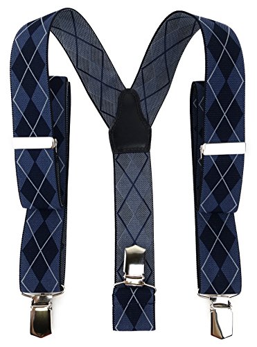 TigerTie Unisex Hosenträger in Y-Form mit 3 extra starken Clips - Farbe in blau marine dunkelblau grau kariert - hochwertige Verarbeitung - Breite 35 mm von TigerTie