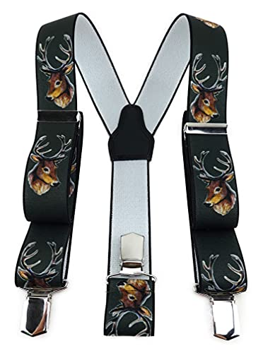 TigerTie Unisex Hosenträger in Y-Form mit 3 extra starken Clips - Farbe in dunkelgrün braun mit Hirschkopf - hochwertige Verarbeitung - Breite 35 mm von TigerTie