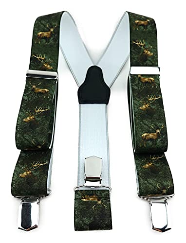 TigerTie Unisex Hosenträger in Y-Form mit 3 extra starken Clips - Farbe in grün braun mit Hirschmotiv - hochwertige Verarbeitung - Breite 35 mm von TigerTie