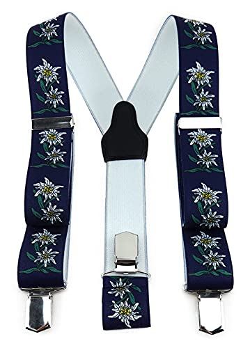 TigerTie Unisex Hosenträger in Y-Form mit 3 extra starken Clips - Farbe in marine grün weiß gelb mit Edelweißmotiv - hochwertige Verarbeitung - Breite 35 mm von TigerTie