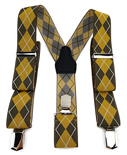 TigerTie Unisex Hosenträger in Y-Form mit 3 extra starken Clips - Farbe in ockergelb oliv silber mit Karomuster - hochwertige Verarbeitung - Breite 35 mm von TigerTie
