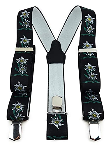 TigerTie Unisex Hosenträger in Y-Form mit 3 extra starken Clips - Farbe in schwarz grün weiß gelb mit Edelweißmotiv - hochwertige Verarbeitung - Breite 35 mm von TigerTie