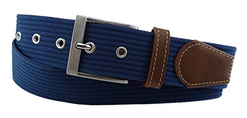 TigerTie hochwertiger Stoffgürtel mit Edelstahl Schnalle und echt Leder Applikationen in blau dunkelblau einfarbig. Gürtelbreite 40 mm, Bundweite 110 cm von TigerTie