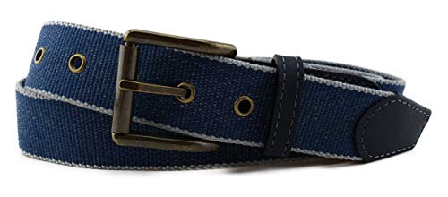 TigerTie hochwertiger Stoffgürtel mit Edelstahl Schnalle und echt Leder Applikationen in blau grau gemustert. Gürtelbreite 35 mm, Bundweite 90 cm von TigerTie