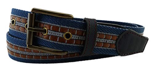 TigerTie hochwertiger Stoffgürtel mit Edelstahl Schnalle und echt Leder Applikationen in blau hellblau graublau gemustert. Gürtelbreite 35 mm, Bundweite 110 cm von TigerTie