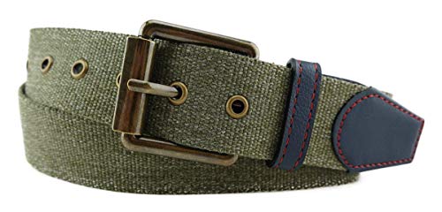 TigerTie hochwertiger Stoffgürtel mit Edelstahl Schnalle und echt Leder Applikationen in einfarbig. Gürtelbreite 40 mm, Bundweite 90 cm (110 cm Bundweite = ca. 125 cm Gesamtlänge, olivgrün) von TigerTie