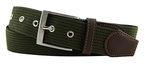 TigerTie hochwertiger Stoffgürtel mit Edelstahl Schnalle und echt Leder Applikationen in grün olivgrün einfarbig. Gürtelbreite 40 mm, Bundweite 110 cm von TigerTie