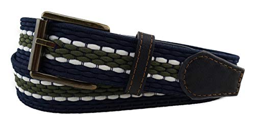 TigerTie hochwertiger Stretchgürtel mit Edelstahl Schnalle und echt Leder Applikationen blau dunkelblau oliv weiß gestreift. Gürtelbreite 35 mm, Bundweite 100 cm von TigerTie