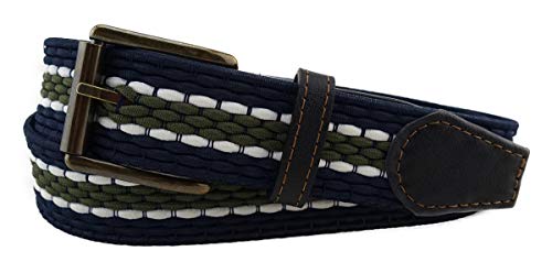 TigerTie hochwertiger Stretchgürtel mit Edelstahl Schnalle und echt Leder Applikationen blau dunkelblau oliv weiß gestreift. Gürtelbreite 35 mm, Bundweite 90 cm von TigerTie