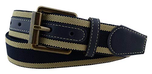 TigerTie hochwertiger Stretchgürtel mit Edelstahl Schnalle und echt Leder Applikationen in beige blau dunkelblau gestreift. Gürtelbreite 40 mm, Bundweite 90 cm von TigerTie