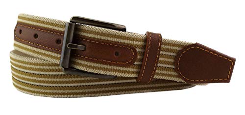 TigerTie hochwertiger Stretchgürtel mit Edelstahl Schnalle und echt Leder Applikationen in beige elfenbein creme gestreift. Gürtelbreite 35 mm, Bundweite 110 cm von TigerTie
