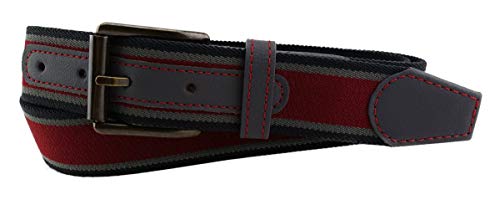 TigerTie hochwertiger Stretchgürtel mit Edelstahl Schnalle und echt Leder Applikationen in bordeaux grau schwarz gestreift. Gürtelbreite 35 mm, Bundweite 90 cm von TigerTie