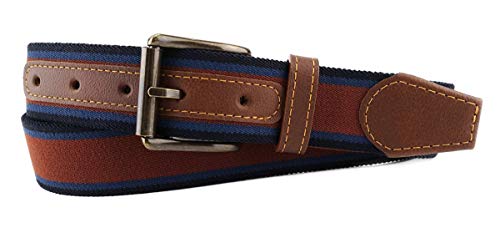 TigerTie hochwertiger Stretchgürtel mit Edelstahl Schnalle und echt Leder Applikationen in braun blau dunkelblau gestreift. Gürtelbreite 35 mm, Bundweite 100 cm von TigerTie