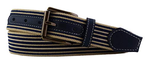 TigerTie hochwertiger Stretchgürtel mit Edelstahl Schnalle und echt Leder Applikationen in dunkelblau marine beige gestreift. Gürtelbreite 35 mm, Bundweite 110 cm von TigerTie