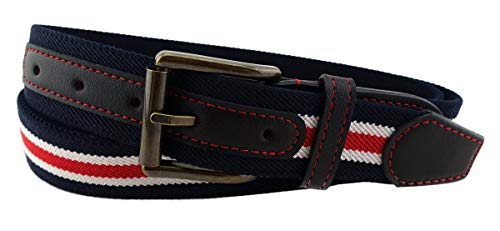 TigerTie hochwertiger Stretchgürtel mit Edelstahl Schnalle und echt Leder Applikationen in rot dunkelblau weiß gestreift. Gürtelbreite 35 mm, Bundweite 90 cm TigerTie hochwertiger Stretchgürtel mit Edelstahl Schnalle und echt Leder Applikationen in rot dunkelblau weiß gestreift. Gürtelbreite 35 mm, Bundweite 90 cm von TigerTie