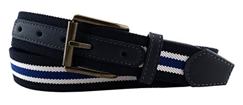 TigerTie hochwertiger Stretchgürtel mit Edelstahl Schnalle und echt Leder Applikationen in royal dunkelblau weiß gestreift. Gürtelbreite 35 mm, Bundweite 110 cm von TigerTie