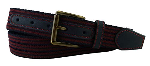 TigerTie hochwertiger Stretchgürtel mit Edelstahl Schnalle und echt Leder Applikationen in weinrot bordeaux schwarz gestreift. Gürtelbreite 35 mm, Bundweite 110 cm von TigerTie