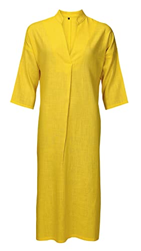 TigerTie - hochwertiges Leinenkleid Knielang mit V-Ausschnitt, Kellerfalte vorne, seitlich geschlitzt und seitlichen Schlupftaschen in senfgelb einfarbig-Uni - Kleidergröße L von TigerTie