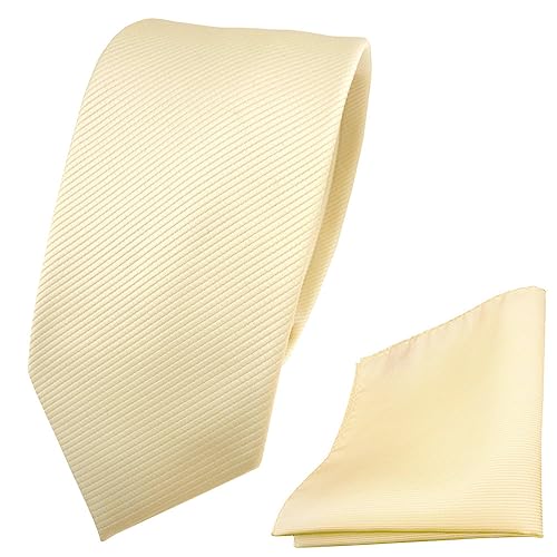 TigerTie - schmale Designer Krawatte + Einstecktuch beige elfenbein champagner Uni Rips - Binder Tuch von TigerTie