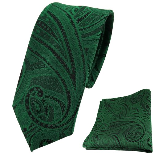 TigerTie schmale Designer Krawatte + Einstecktuch in grün smaragdgrün schwarz Paisley von TigerTie