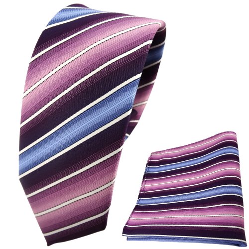 TigerTie - schmale Designer Krawatte + Einstecktuch in lila dunkellila rosa blau creme gestreift TigerTie - schmale Designer Krawatte + Einstecktuch in lila dunkellila rosa blau creme gestreift von TigerTie