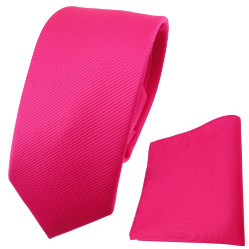 TigerTie - schmale Designer Krawatte + Einstecktuch pink knallpink leuchtpink einfarbig Uni Rips - Binder Tuch von TigerTie