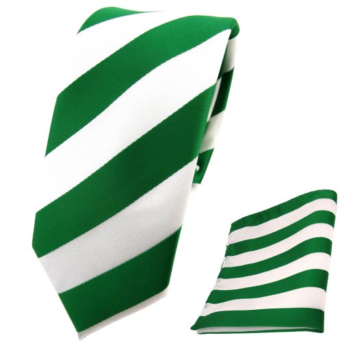 TigerTie schmale Designer Krawatte Designer Einstecktuch in Grün Weiß gestreift - Krawattenbreite 6 cm von TigerTie