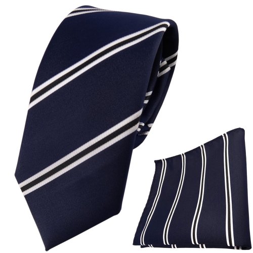 TigerTie - schmale Designer Krawatte Designer Einstecktuch in blau dunkelblau royal schwarz weiß gestreift von TigerTie