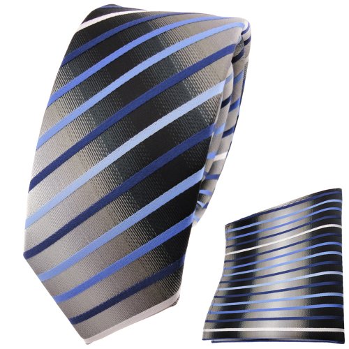 TigerTie schmale Designer Krawatte Designer Einstecktuch in blau hellblau silber grau weiß schwarz gestreift - Krawattenbreite 6 cm von TigerTie