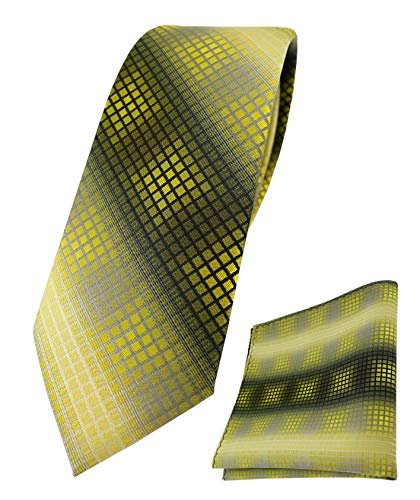 TigerTie schmale Designer Krawatte Designer Einstecktuch in gelb gold silber grau schwarz kariert - Krawattenbreite 6 cm von TigerTie