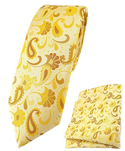 TigerTie - schmale Designer Krawatte Designer Einstecktuch in gelb senfgelb gold Paisley gemustert von TigerTie