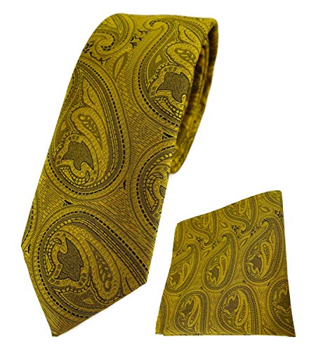 TigerTie schmale Designer Krawatte Designer Einstecktuch in gold schwarz Paisley gemustert - Krawattenbreite 6 cm von TigerTie