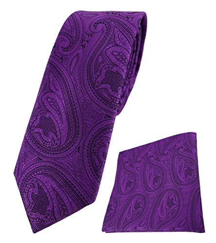 TigerTie schmale Designer Krawatte Designer Einstecktuch in lila schwarz Paisley gemustert - Krawattenbreite 6 cm von TigerTie