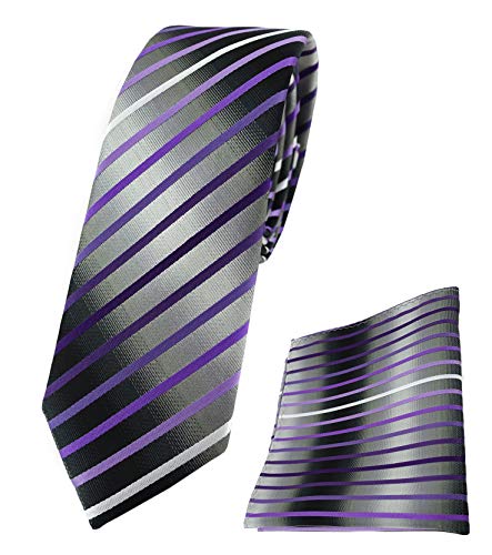 TigerTie schmale Designer Krawatte Designer Einstecktuch in lila violett flieder silbergrau schwarz gestreift - Krawattenbreite 6 cm von TigerTie