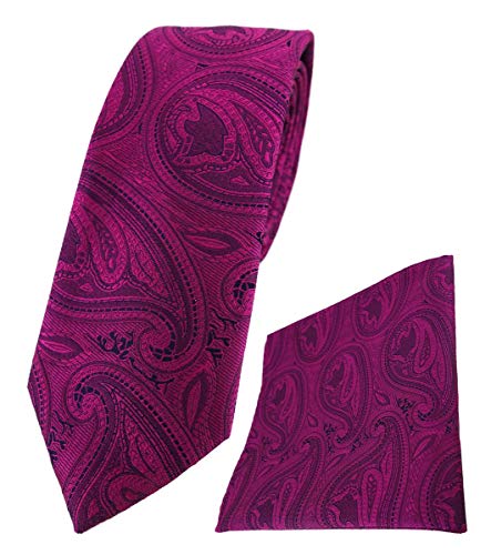 TigerTie schmale Designer Krawatte Designer Einstecktuch in magenta beere lila schwarz Paisley gemustert - Krawattenbreite 6 cm von TigerTie