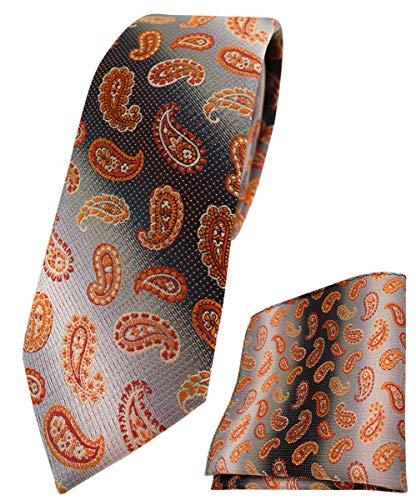 TigerTie schmale Designer Krawatte Designer Einstecktuch in orange anthrazit grausilber Paisley gemustert von TigerTie