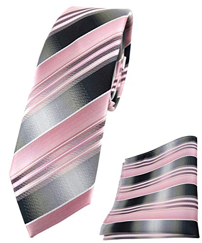 TigerTie - schmale Designer Krawatte Designer Einstecktuch in rosa hellrosa silber anthrazit grau gestreift - Krawattenbreite 6 cm von TigerTie
