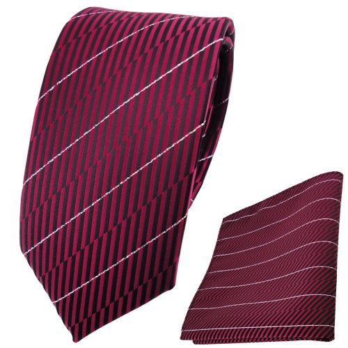 TigerTie - schmale Designer Krawatte Designer Einstecktuch in rot weinrot schwarz silber gestreift von TigerTie
