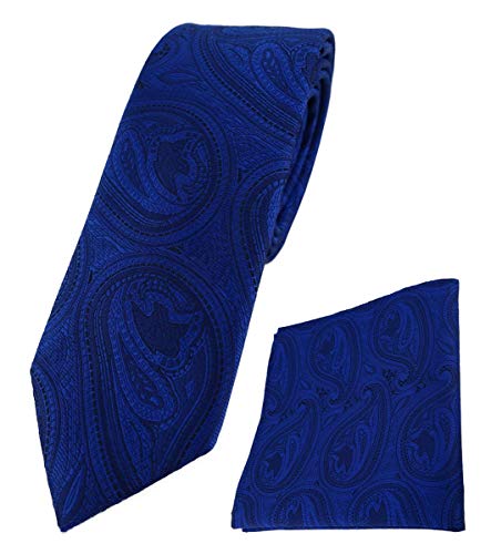 TigerTie schmale Designer Krawatte Designer Einstecktuch in royal blau schwarz Paisley gemustert - Krawattenbreite 6 cm von TigerTie