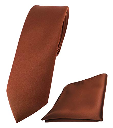 TigerTie - schmale Designer Krawatte Einstecktuch in braun rot rotbraun einfarbig uni von TigerTie