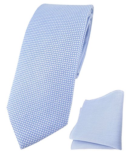 TigerTie schmale Designer Krawatte Pique + Einstecktuch in hellblau-weiss gemustert - 100% Baumwolle - Krawattenbreite 6 cm von TigerTie