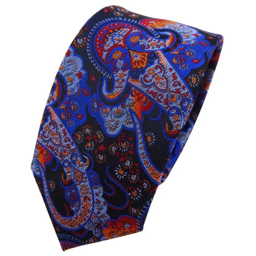 TigerTie - schmale Designer Krawatte in blau dunkelblau orange rot Paisley gemustert von TigerTie