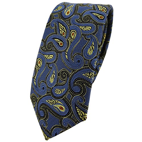 TigerTie schmale Designer Krawatte in blau gold rot schwarz Paisley gemustert von TigerTie